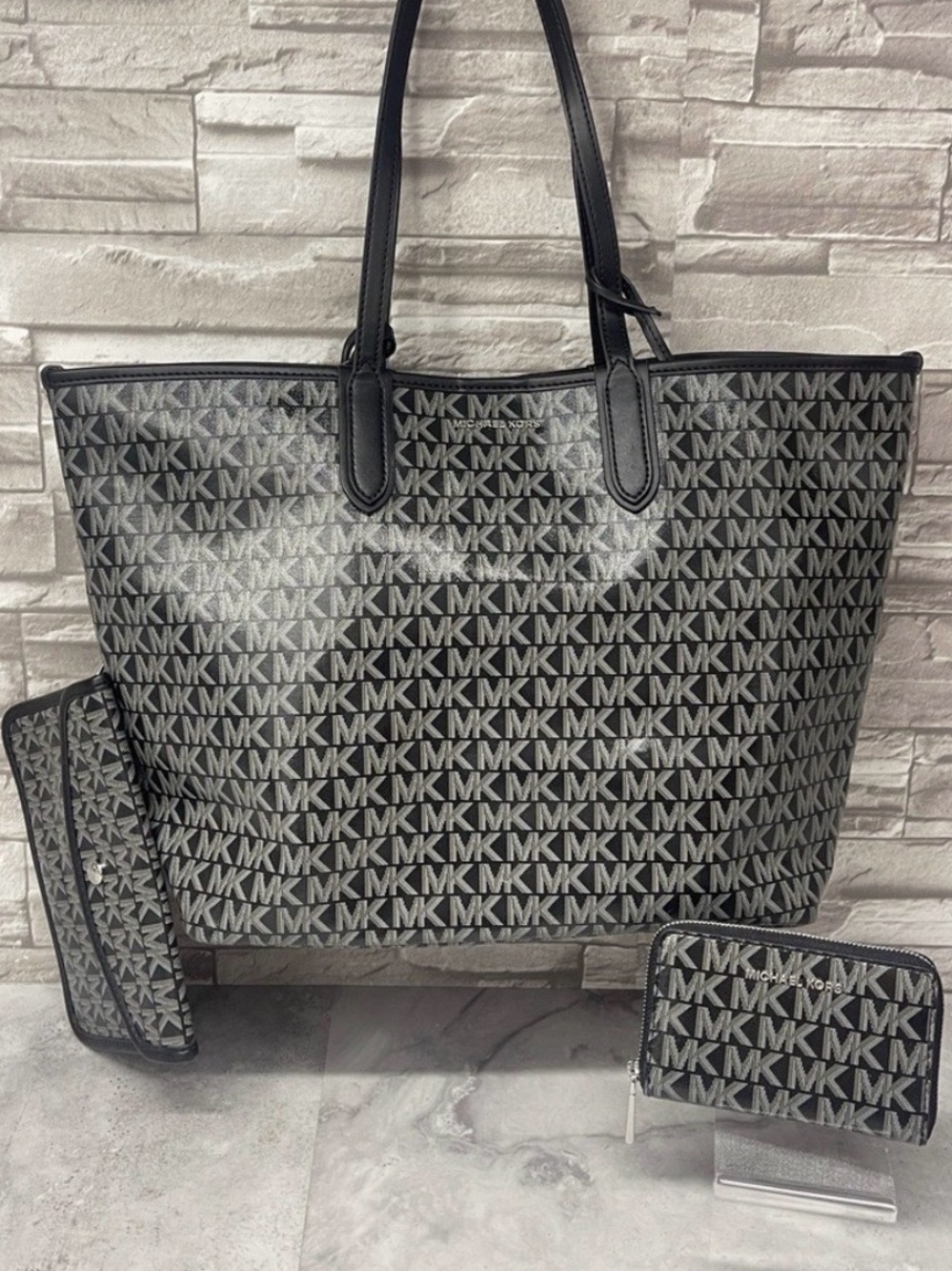 Michael Kors Eliza XL Tote + Pouch & Wallet Set MK Signature Logo Black Metallic